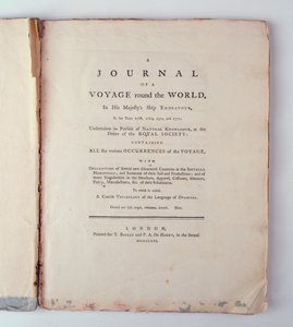 Titulní strana Deníku z cesty kolem světa na lodi Jeho Veličenstva Endeavour v letech 1768, 1779, 1770 a 1771, vydaného v Londýně, 1771 (tisk) od English School