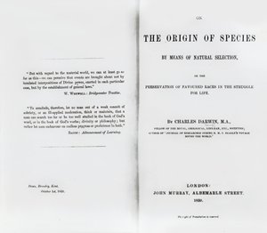 Titulní strana knihy O původu druhů od Charlese Darwina, publikovaná v roce 1859 od English School