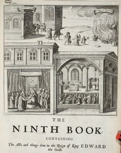 Titulní strana k deváté knize, ilustrace z Acts and Monuments od Johna Foxe, deváté vydání, pub. 1684 od English School