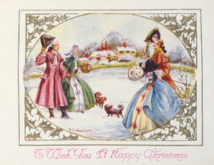 Viktoriánská karta "Chceme vám šťastné Vánoce" (chromolitho) od English School