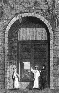 Náhrobek britského velvyslance Edwarda Bartona († 1597) nad bránou kláštera na Princových ostrovech z rezidence v Konstantinopoli od Roberta Walshe, 1836 od English School