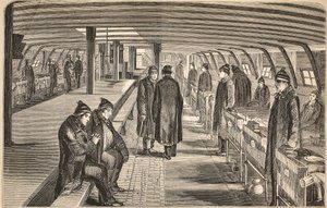 Horní paluba nemocniční lodi Unite, připojené ke korábům ve Woolwichi, ilustrace z knihy The Criminal Prisons of London and Scenes from Prison Life od Henryho Mayhewa a Johna Binnyho, pub. 1862 (rytina od English School