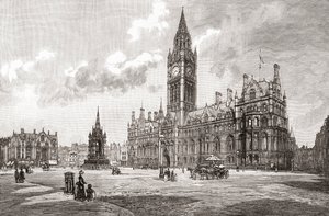 Radnice, Albert Square, Manchester, z knihy "Cities of the World", vydané kolem roku 1893 (tisk) od English School