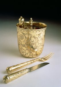 Cestovní sada nože, vidličky, lžíce a kádinky, cca 1690 (stříbrná) od English School