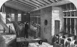 Tread-Wheel and Oakum-Shed at the City Prison, Holloway, z knihy "The Criminal Prisons of London and Scenes of Prison Life" od Henryho Mayhewa a Johna Binnyho, 1862 (rytina) od English School
