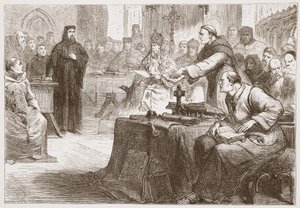 Proces s Wicliffem, ilustrace z Historie protestantismu od Jamese Aitkena Wylie (1808-1890), pub. 1878 od English School