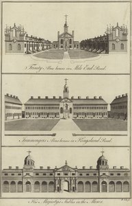 Trinity Almshouses v Mile End Road, Ironmongers Almshouses v Kingsland Road a stáje Jeho Veličenstva v Mews, Londýn od English School