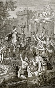 Triumfální návrat olympijského vítěze, ilustrace z Ilustrované historie světa vydané nakladatelstvím Ward Lock, kolem roku 1880 od English School