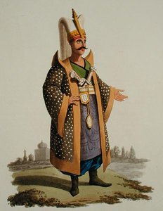 Turecký válečník, z „Kostýmy různých národů“, svazek VII, „Vojenský kostým Turecka“, od Thomase MacLeana, vydáno kolem roku 1800-18 (ručně kolorovaná akvatinta) od English School