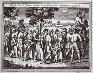 Dvacet dva vězňů přivezeno v jedné kapele z Colchesteru do Londýna, ilustrace z Foxes Martyrs kolem roku 1703 od English School