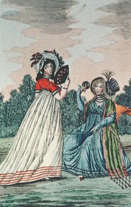 Dvě módní dámy v zahradě, cca 1800 (barevná rytina) od English School