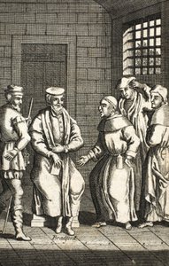 Dva španělští mniši hovořící s panem Bradfordem, ilustrace z knihy Foxovi mučedníci kolem roku 1703 99:Foxes Book of martyrs; John Fox; c17th; Foxs; od English School