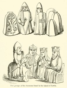 Dvě skupiny figurínů nalezených na ostrově Lewis (rytina) od English School
