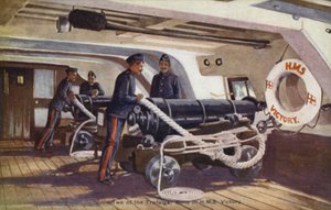 Dvě z Trafalgarských děl v HMS Victory (barevné lito) od English School