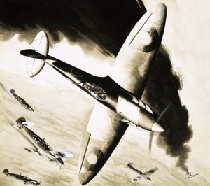 Neidentifikovaný Spitfire v souboji s německými stíhači od English School