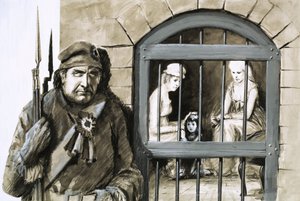 Neidentifikovaní vězni ve vězeňské cele s dozorcem v popředí od English School