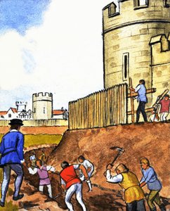 Neznámá scéna mužů kopat příkop kolem hradu od English School