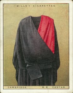 Univerzitní kapuce a taláry: (barevná litografie): Univerzita Cambridge, bakalář medicíny, MB, Cantab (barevná litografie) od English School