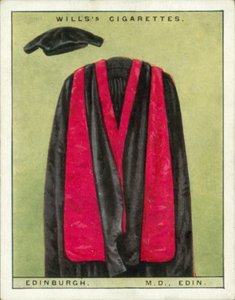 Univerzitní kapuce a taláry: (barevná litografie): Edinburgh University, Doctor of Medicine, MD, Edin (barevná litografie) od English School