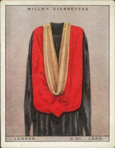 Univerzitní kapuce a taláry: (barevná litografie): London University, Doctor of Science, DSc, Lond (barevná litografie) od English School