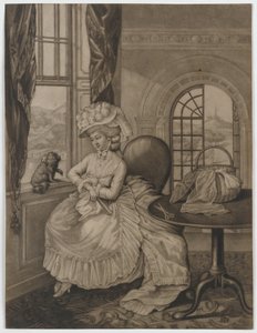 Bez názvu (žena sedící u okna a pozorující malého psa), kolem 1780 (mezzotinta) od English School