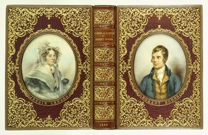 Horní a spodní obálky a hřbet s oválnými portréty Roberta Burnse a Jessie Lewarsové od English School