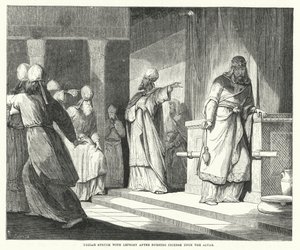 Uzziah udeřil malomocenstvím poté, co zapálil kadidlo na oltáři (rytina) od English School