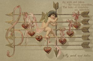 Valentines card, zahrnující Cupid, šíp a hudební skóre od English School