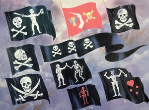 Různé vlajky používané slavnými piráty (barva litho) od English School