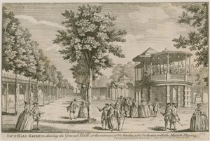 Vauxhall Gardens, Londýn, ukazující Grand Walk u vchodu do zahrady a orchestr s hrající hudbou od English School