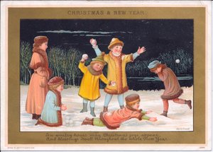 Viktoriánské vánoční a novoroční přání dětí hrajících si ve sněhu a házejících sněhové koule, kolem roku 1880 (barva litho) od English School