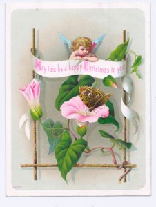 Viktoriánská vánoční pohlednice s amorem hledícím na motýla na růžovém květu, cca 1880 (barevná litografie) od English School