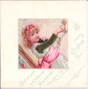 Viktoriánské vánoční přání mladé dívky držící kočku a ukazující na něco prstem, kolem roku 1880 (barva litho) od English School