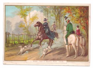 Viktoriánská novoročenka ženy na koni se dvěma psy, kterou zdraví jiný pár, cca 1880 (barevná litografie) od English School