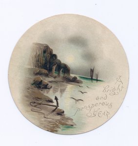 Viktoriánské kruhové novoroční přání přímořské krajiny se dvěma jachtami za měsíční noci, kolem roku 1880 (barva litho) od English School