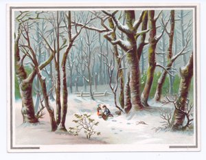 Viktoriánské přání dvou dětí sbírajících větve ve sněhu, cca 1880 (barva litho) od English School