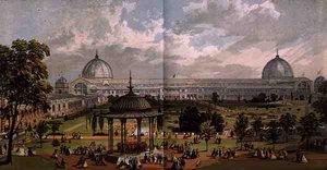 Pohled ze zahradnických zahrad na exteriér Velké výstavy z roku 1851, z Dickinsonových komplexních obrázků (barevné lito) od English School