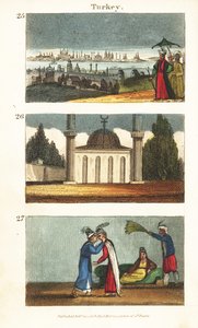Pohled na Konstantinopol (Istanbul) na počátku 19. století 25, muslimská mešita s kopulí a minarety 26 a mladé řecké ženy líbající se na oči 27 od English School
