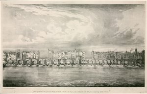 Pohled na Old London Bridge jako za vlády královny Alžběty I od English School