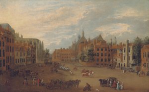 Pohled na Old Palace Yard, Westminster, s východním koncem Westminsterského opatství a kaplí krále Jindřicha VII nalevo, kolem roku 1700 od English School