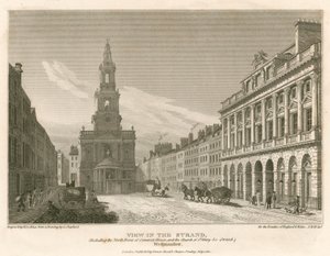 Pohled na The Strand, včetně severní přední části Somerset House a kostel St Mary-Le-Strand, Westminster, Londýn od English School