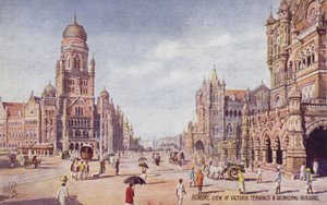 Pohled na Victoria Terminus  Municipal Building, Bombaj (barevná litografie) od English School