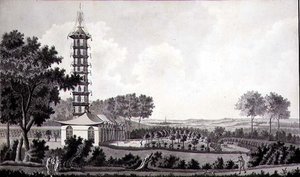 Pohled na holandskou zahradu s čínskou pagodou, cca 1770 (pero a inkoust s akvarelem na papíře) od English School