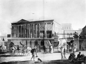 Pohled na dům, manufakturu a bazar v Kalkatě, vyrytý Francis Jukes, 1795 (akvatinta) od English School