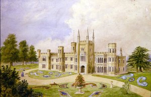 Pohled na gotický venkovský dům s formální zahradou, cca 1840 (akvarel na papíře) od English School