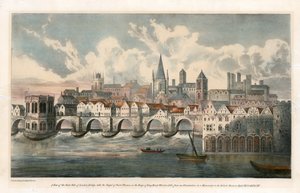 Pohled na východní stranu Old London Bridge z BM Royal MSS od English School