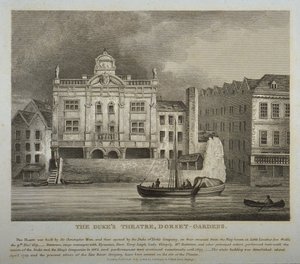 Pohled na divadlo Dukes, Dorset Gardens, od řeky Temže, 1814 od English School