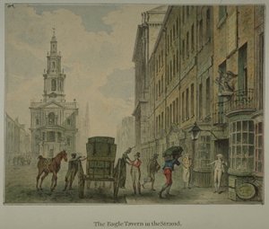 Pohled na Eagle Tavern v Strand, Westminster, s mužem vykládajícím produkty z koňského povozu na silnici a St Mary le Strand v dálce, cca 1800 (akvarel na papíře) od English School