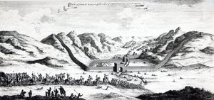 Pohled na Velkou čínskou zeď na straně, kde velvyslanec vstoupil do Číny, ze sbírky "A Collection of Voyages and Travels" od Johna Harrise, 1748. od English School