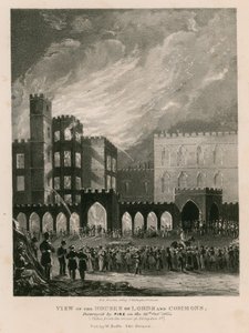 Pohled na Sněmovnu lordů a Commons, zničenou požárem 16. října 1834 od English School